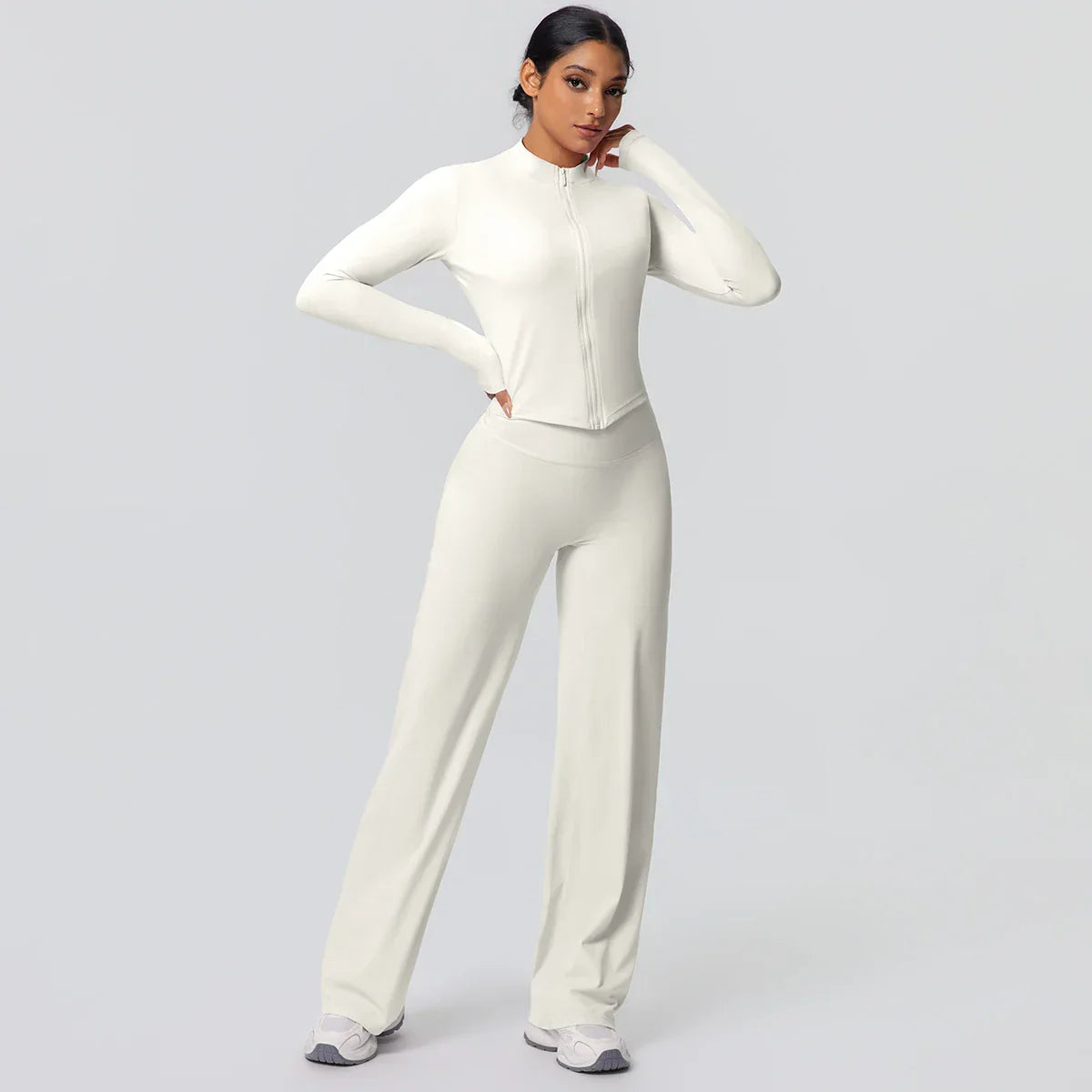 2pieces Quick Drying Sports Fitness Clothing Yoga Set Women Yoga Zipper Long Dleeves High Waisted Breathable Wide Leg Pants Set