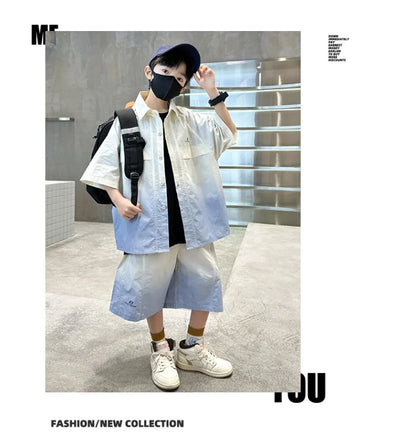 Fashion Kids Clothing Set Shirt Shorts Summer Suit for Teenage Boy Loose Casual Gradient Color Clothes Set Child Luxury Outfit