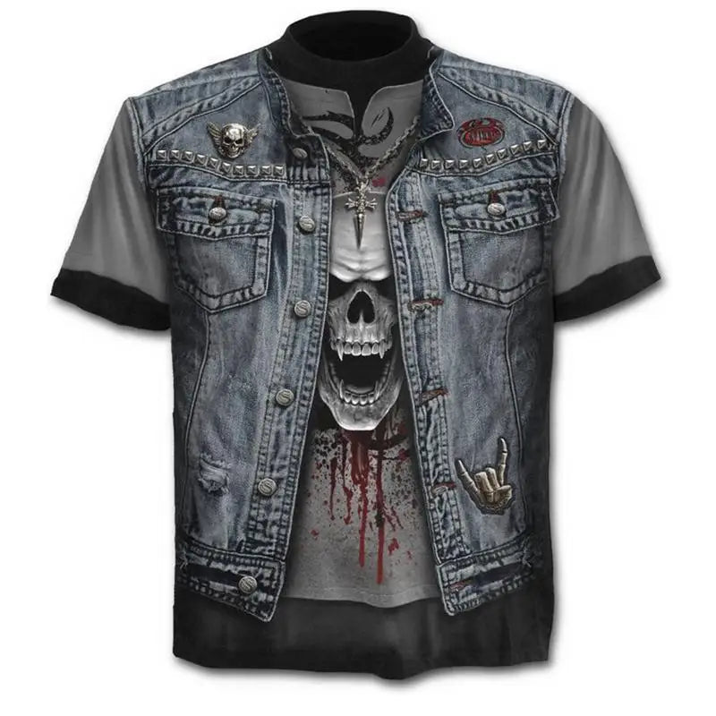 New retro street punk motorcycle men's T-shirt 3D shirt casual fashion hip-hop horror short sleeved round neck men's clothing