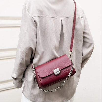 Supple Genuine Leather Women's Barrel Crossbody Bag - Commuter-Friendly Small Chain Strap Shoulder Bag for Everyday Chic