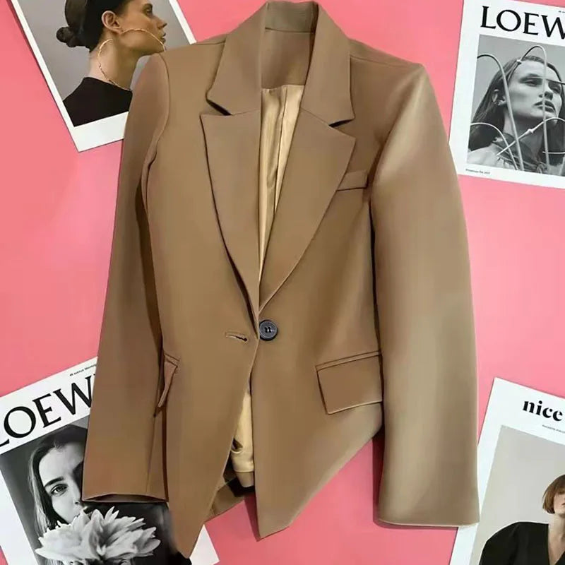 Women Fashion Single Button Blazer Vintage with Pockets Notched Neck Jacket Female Loose Version Long Sleeves Suit Outwear Tops