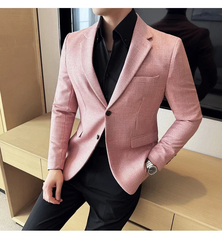 Bright Silk Thousand Bird Grid Suit Jacket Korean-style Business Fashion Slim Fit Single Breasted Men Social Party Dress Coats