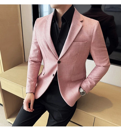 Bright Silk Thousand Bird Grid Suit Jacket Korean-style Business Fashion Slim Fit Single Breasted Men Social Party Dress Coats
