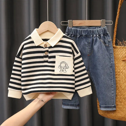 New Spring Autumn Kids Boys Clothes Strips Hoodies Jeans 2Pcs/Set Outfit Infant Kids Sport Casual Clothing Tracksuits 0-5 Years