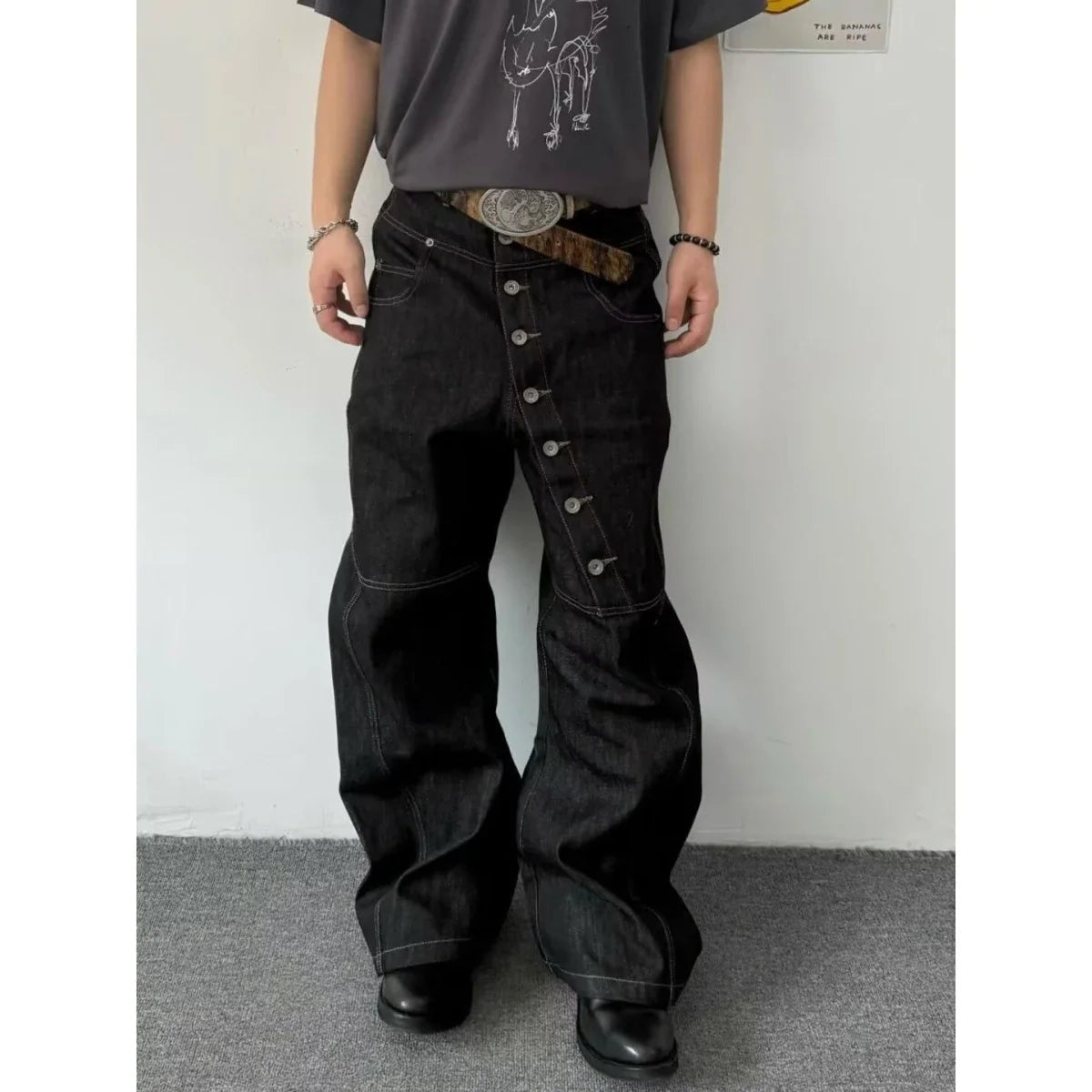 American Retro Long Row Button Design Men's Jeans High Street Loose Wide Leg Floor-Length Trousers Trendy Casual Jeans