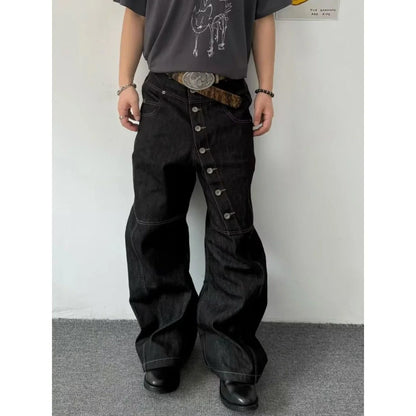 American Retro Long Row Button Design Men's Jeans High Street Loose Wide Leg Floor-Length Trousers Trendy Casual Jeans