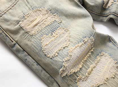 Summer Worn and Scratched Jeans Men's Small Feet Perforated Pockets Ragged Edges Long Pants Slim Fit Printing High Street Tide 2