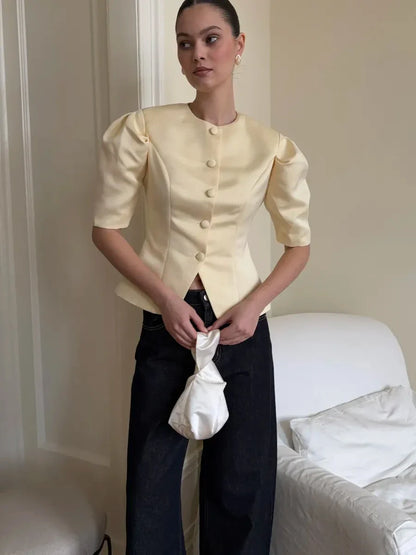 KT Elegant Satin Puff Sleeve Blouse for Women Round Neck Button Down Fitted Waist Asymmetric Hem Office & Formal Wear Tops
