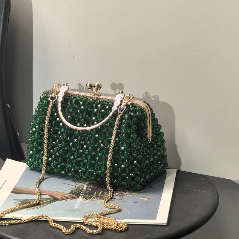 Emerald Green Handmade Beaded Clutch Bag | Vintage Gold Frame Evening Purse with Chain Strap for Party/Wedding/Cocktail