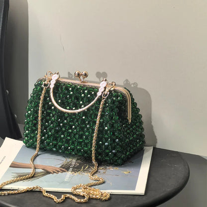 Emerald Green Handmade Beaded Clutch Bag | Vintage Gold Frame Evening Purse with Chain Strap for Party/Wedding/Cocktail