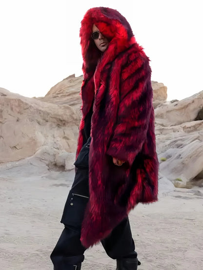 Autumn/Winter Long Warm Fluffy Faux Fur Coat Red Men's Long Sleeve High Quality Luxury Fluffy Coat