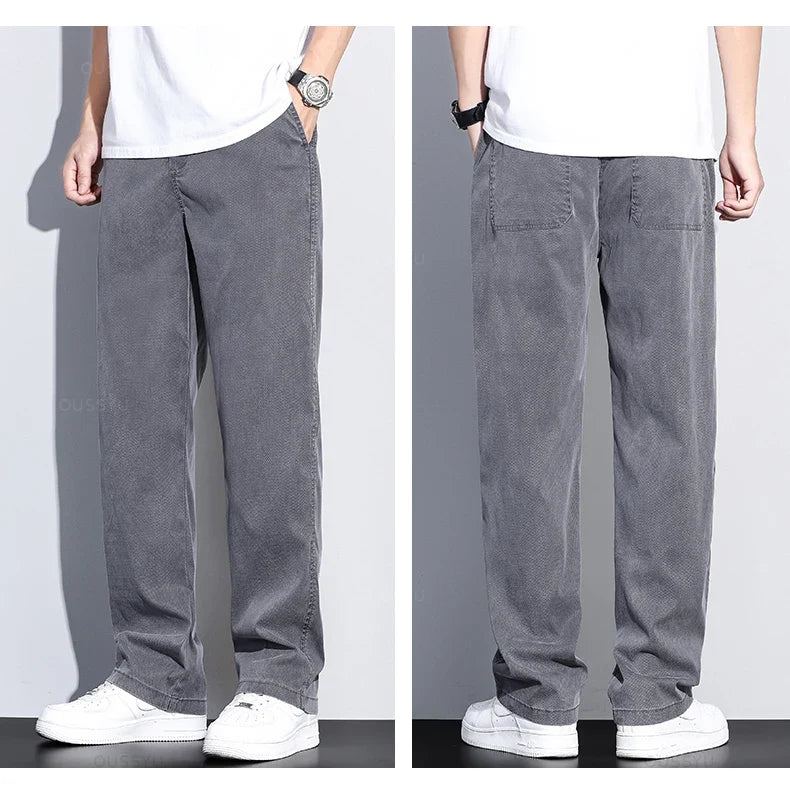 Brand Clothing Summer New Soft Lyocell Fabric Jeans Men Blue Elastic Waist Loose Straight Thin Denim Trousers Male Plus Size 5XL