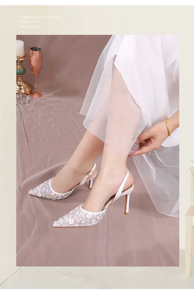 Size 34-42 2025 Summer Beaded High Heel Wedding Shoes Women Lace Mesh Party Dress Shoes