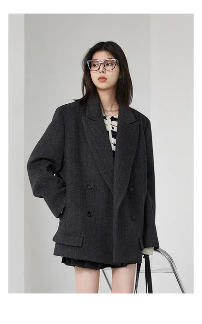 Women Woolen Blazer Loose Vintage V Neck Female Jacket Suit Double Breasted Office Ladies Coat Spring Autumn 2025