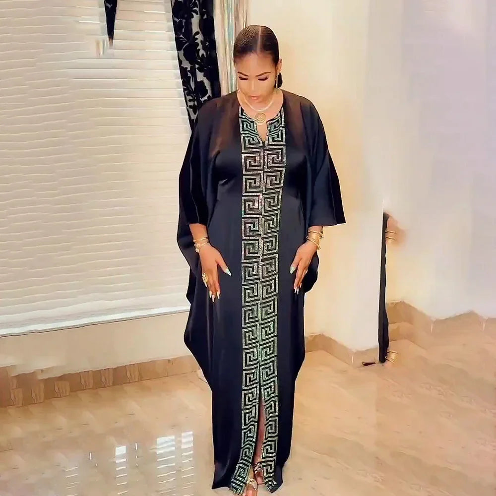 Fashion African Woman Large Size Bat Sleeve Dress Muslim Islamic Style Robe Imitation Silk Hot Fix Rhinestone