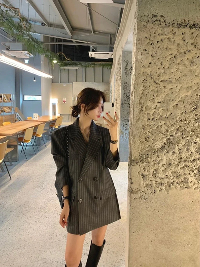 Ele Stripe Loose Faionable Suit Jaet with Belt Hong Kong Sle Retro Chic Top Women's Busin Casual Outerwear