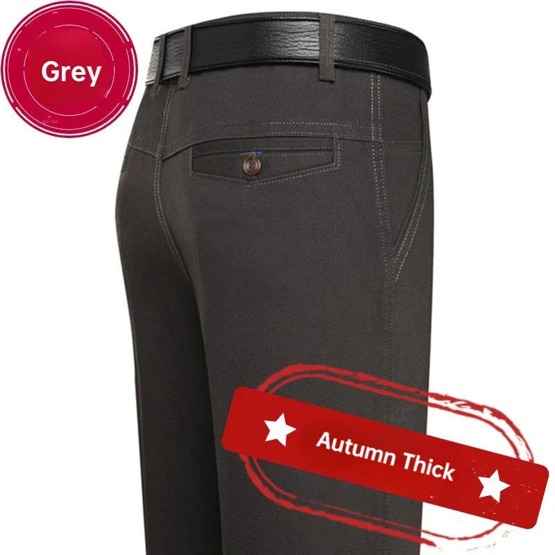 Men's Office Business 100% Cotton Pants Summer Thin & Autumn Thick High Waist Straight Loose Solid Bland Suit Slacks GOZBKF