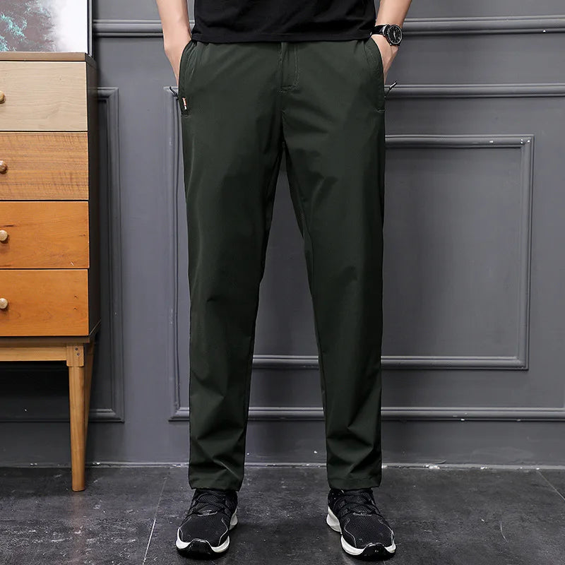Men's Summer Cargo Pants Big Size Ice Silk Stretch Breathable Straight Leg Pants Quick Dry Elastic Lightweight Long Trousers