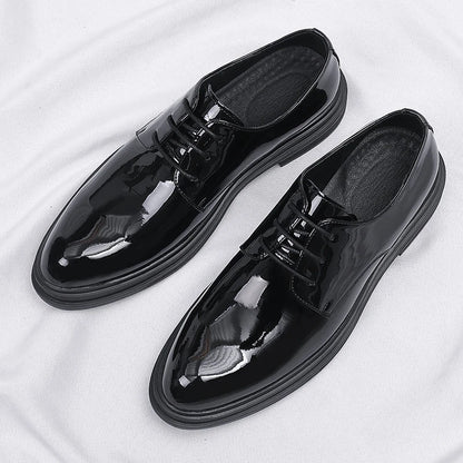 Mens Black Patent Leather Lace Up Dress Shoes With Thick Sole Platform Block Heel Formal Business Wedding Party Office Work Shoe