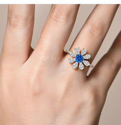 2024 D VVS1 Pear Cut Moissanite Rings Lab Blue Zircon for Women S925 Sterling Silver Flower Jewelry Birthday Party Gift