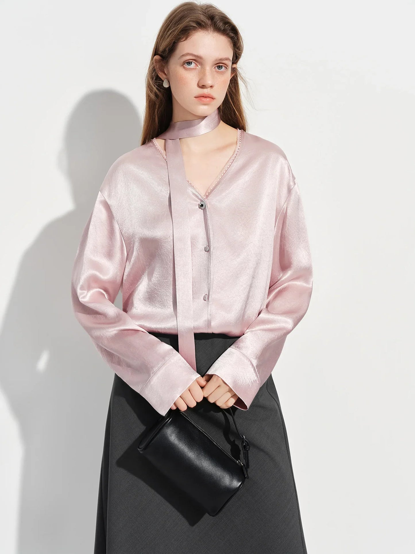 French-style Elegant V-neck Acetate Long-sleeved Shirts Women New Spring 2026 Design Satin Top Lace Bow