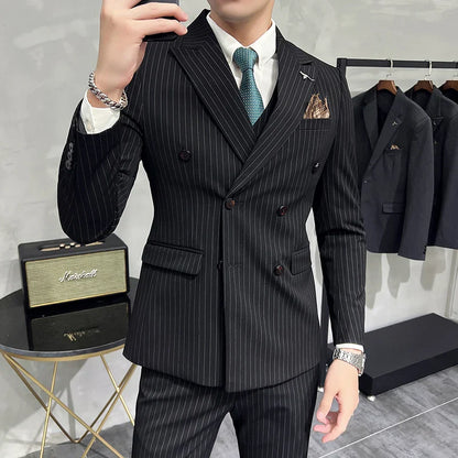 ( Blazer+Vest+Pants ) Groom Wedding Male Suit Luxury Brand Fashion Striped Men's Casual Business Office Double Breasted Suit