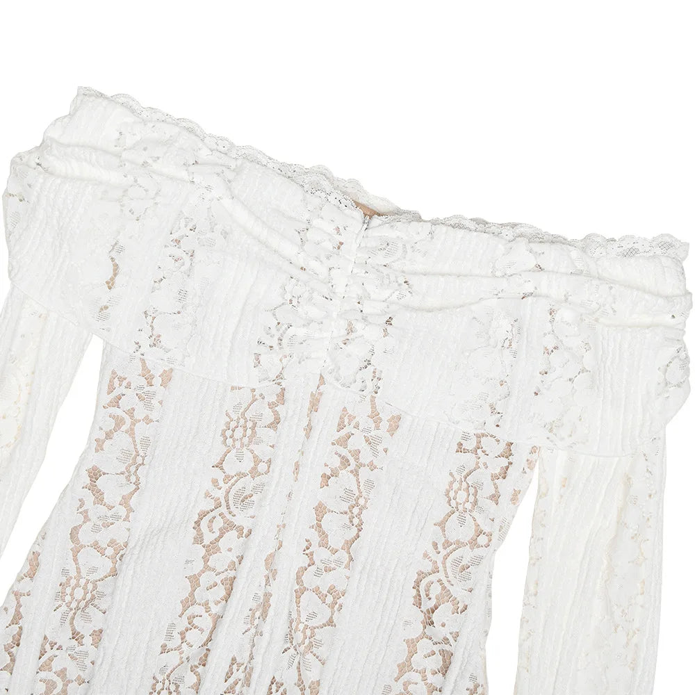 Elegant Off The Shoulder Bodycon Dress 2024 New in White Flare Sleeve Lace Maxi Dress Wedding Guest Dress for Women