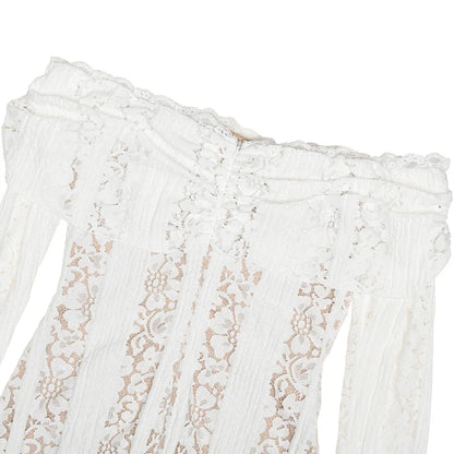 Elegant Off The Shoulder Bodycon Dress 2024 New in White Flare Sleeve Lace Maxi Dress Wedding Guest Dress for Women