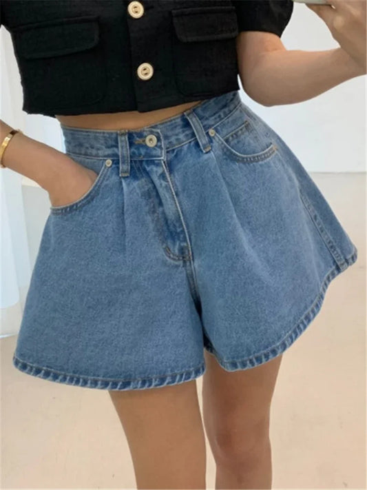 2024 New High Waist Washed Women's Denim Wide Leg Shorts Summer Buttons Casual Female Blue Jeans Trouses Pockets
