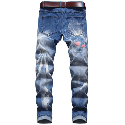 2026 Men's Blue 3D Printing Jeans, Black Wolf Pattern Printed Punk Straight Cotton Casual Print Denim Pants Asian Size 28-42