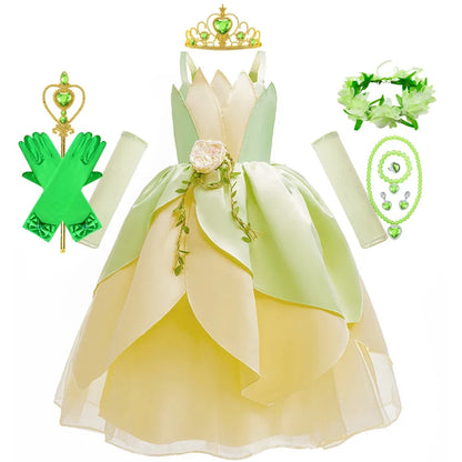 Tiana Fancy Girls Princess Costume Kid Carnival Dress Cosplay Floral LED Light Up Clothing Halloween Girls Christmas Party 2-11T