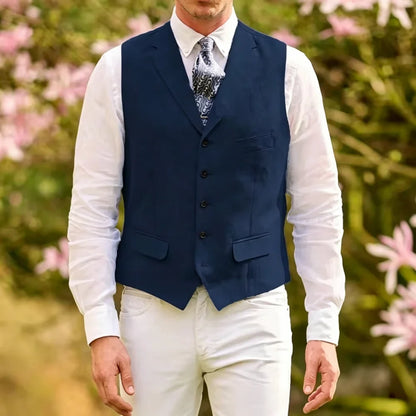 Men's Linen Suit Vest Lapel Sleeveless Summer Linen Waistcoat Single Breasted  For Beach Wedding Holiday Mens Gilet