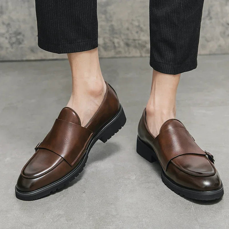 Men Fashion Formal Handmade Monk Shoes Derby  Dress Leather Gentleman Double Buckles Monk Shoes Pointed Wedding Shoes 2024
