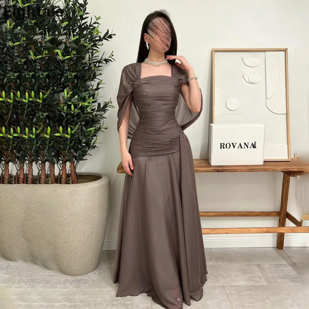 2025 Square Neck Silk Chiffon Maxi Evening Dress Cape Wedding Party Formal Prom Dress Dubai Party Gown Customized
