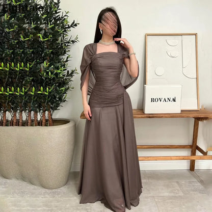 2025 Square Neck Silk Chiffon Maxi Evening Dress Cape Wedding Party Formal Prom Dress Dubai Party Gown Customized