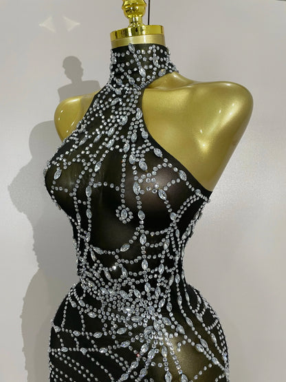 STOCK Sparkly Diamond Sexy Mesh Asymmetric Bodycon Mini Dress Women Nightclub Bar Party Show Gogo Dancer Clothing Stage Costume