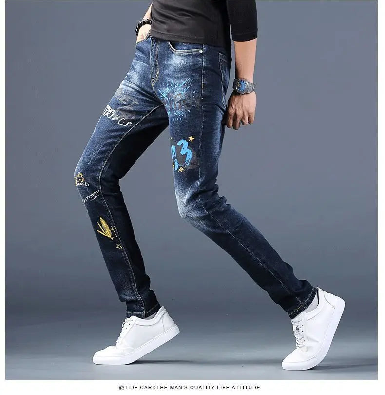 Harajuku Fashion Men's High-end Embroidered Jeans Korean Style Prints Patches Slim Fit Casual Spring Autumn Cowboy Trousers