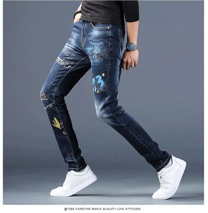 Harajuku Fashion Men's High-end Embroidered Jeans Korean Style Prints Patches Slim Fit Casual Spring Autumn Cowboy Trousers