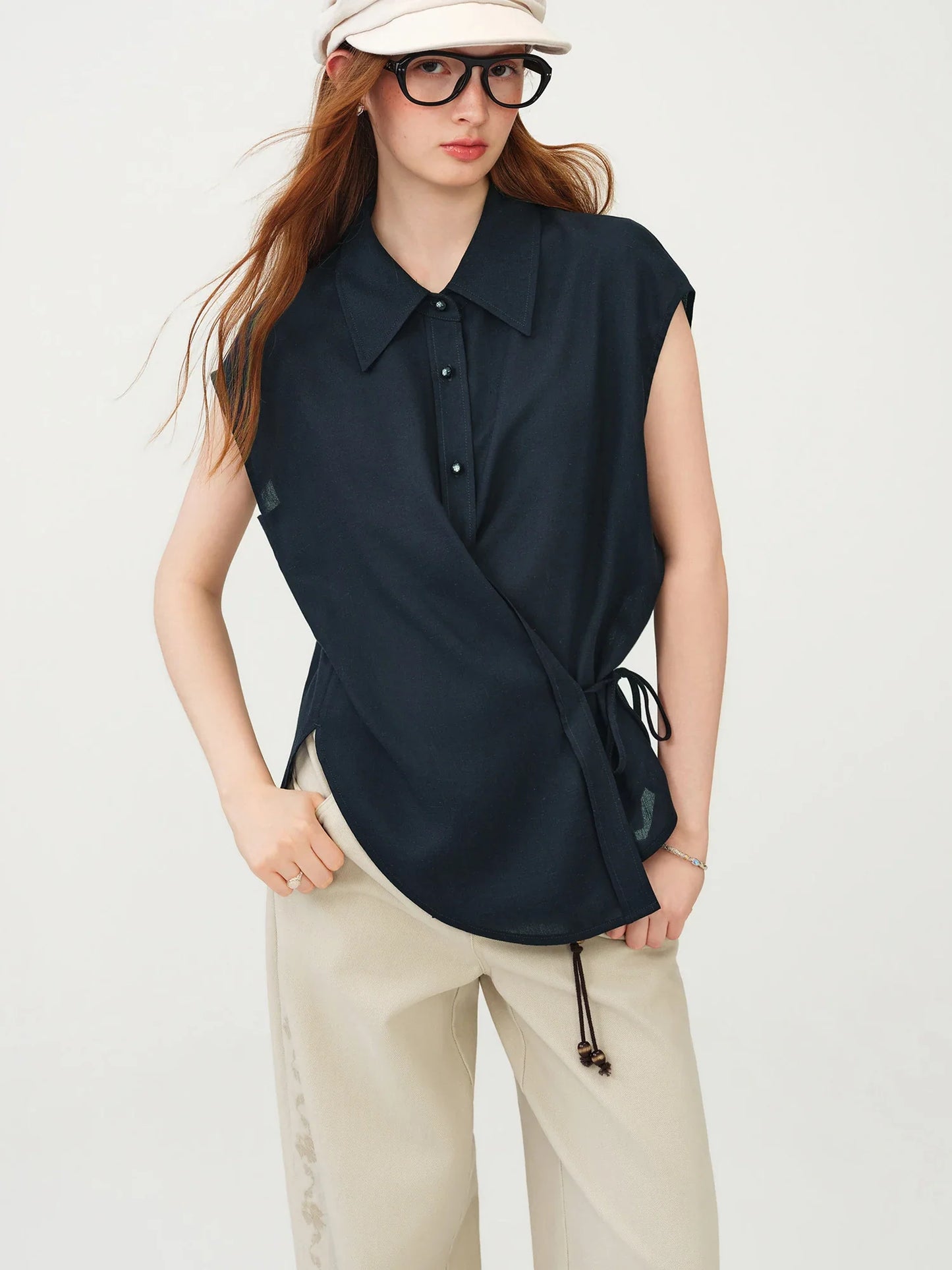 Women's French Style Linen Sleeveless Shirt 2026 Summer New Loose Casual Chill Style Beige Tops Casual Cozy