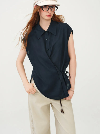 Women's French Style Linen Sleeveless Shirt 2026 Summer New Loose Casual Chill Style Beige Tops Casual Cozy