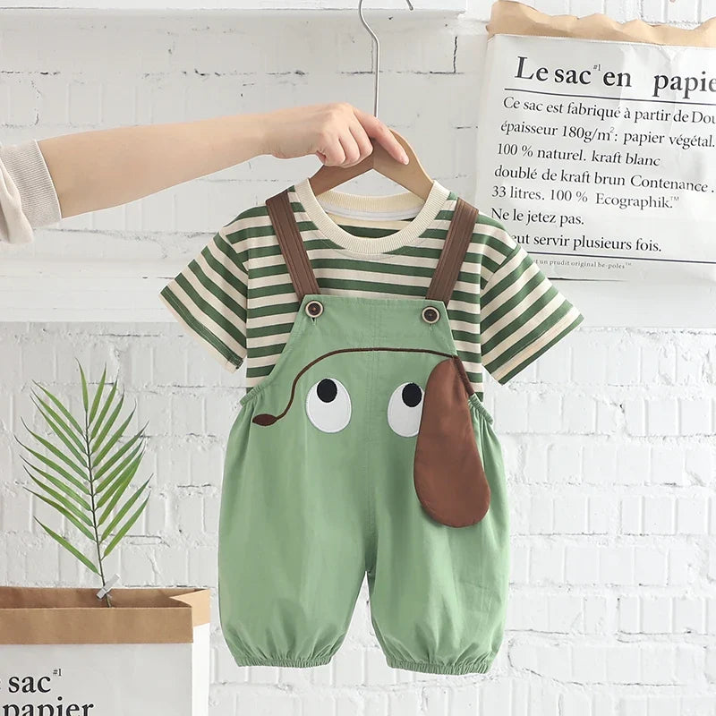 New Kids Baby Boys Girls Clothes For Summer Children Cartoon Striped T-Shirt Bib Pants 2Pcs/Set Toddler Fashion Tracksuits