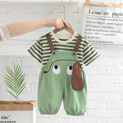 New Kids Baby Boys Girls Clothes For Summer Children Cartoon Striped T-Shirt Bib Pants 2Pcs/Set Toddler Fashion Tracksuits