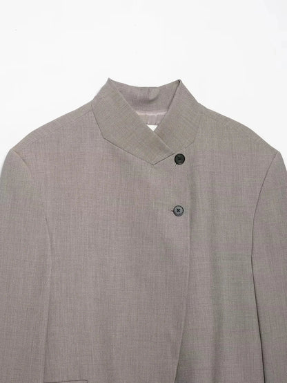 Vintage Office Lady Gray Solid Blazer Stand Collar Long Sleeve Loose Blazer Fashion 2026 Spring Summer Casual Blazer