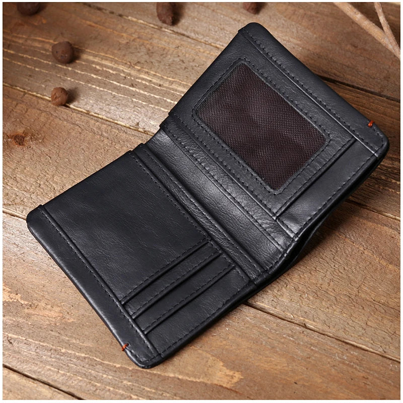 Portefeuille en cuir de vachette couche supérieure Portefeuille en cuir véritable souple Porte-cartes de crédit pour hommes Sac à main de luxe Noir Élégant Simple Portefeuilles pour hommes