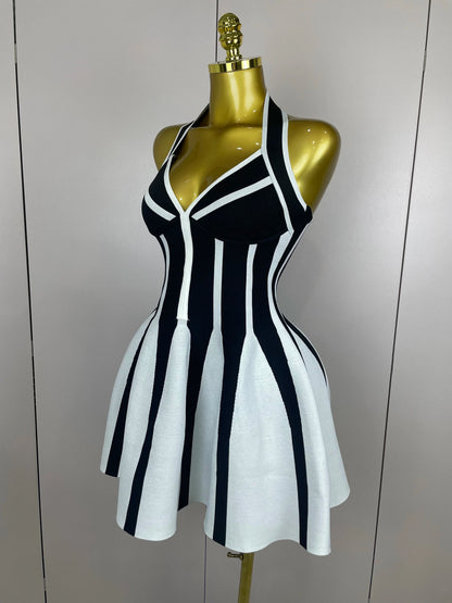Sexy Backless Black White Stripes Halter Bandage A Line Short Dress 2025Women Celebrity Elegant Evening Party Holiday Club Dress