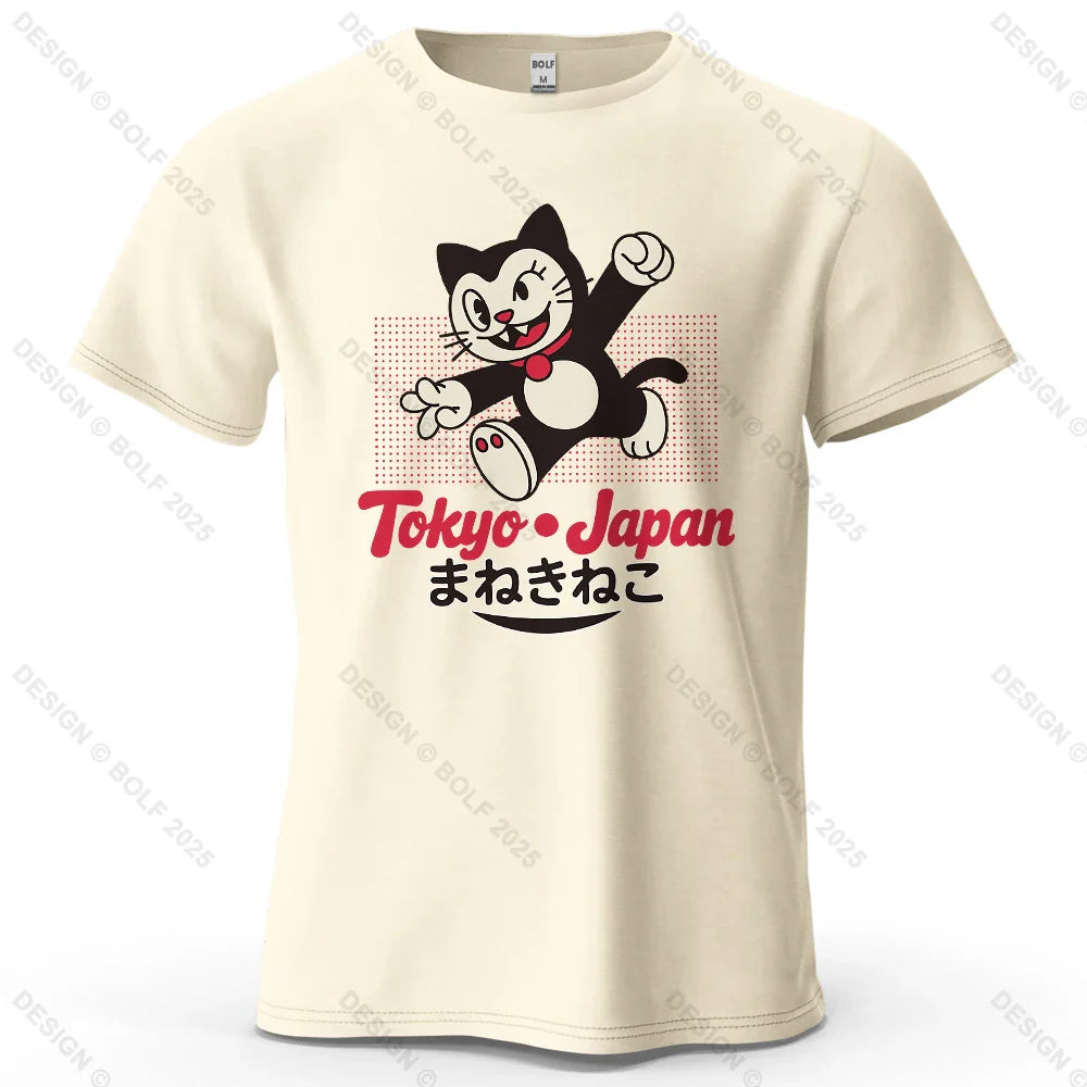 Tokyo Japan Maneki Neko Printed Men's T-Shirt 100% Cotton Oversized Cute Graphic Tees for Women Tops Tees Streetwear