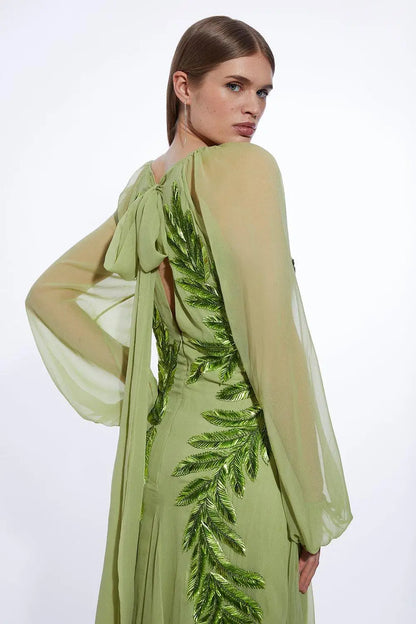 Customized Latest Sage Evening Dresses 2025 Arabic Round Neck Prom Party Gowns Puffy Long Sleeves Wedding Guest Dresses Feathers