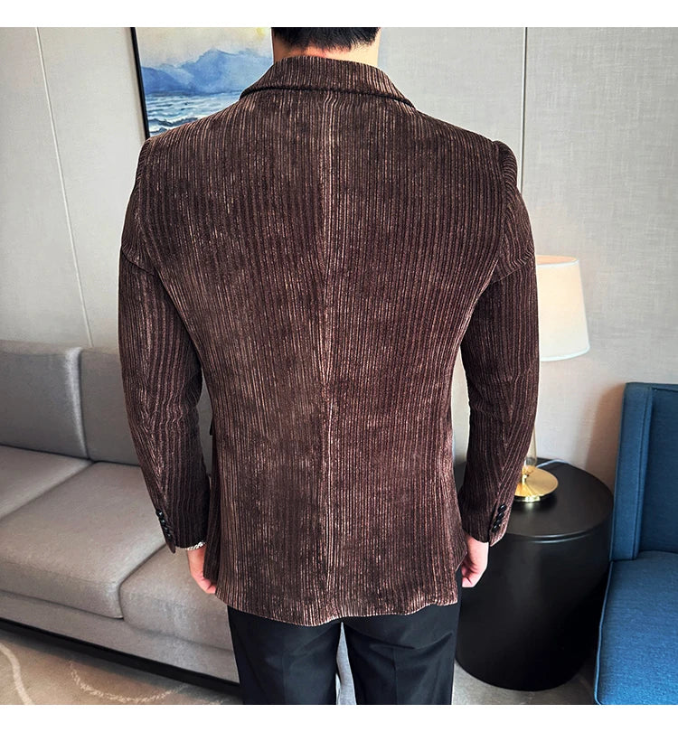 Autumn Winter New Men Corduroy Suit Jackets Double-Breasted Striped Slim Fit Casual Coats High Quality Formal Business Tailcoat