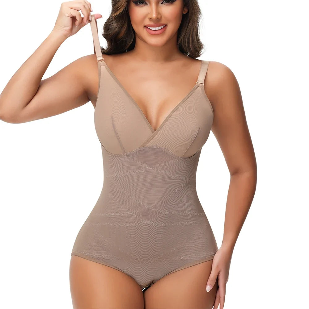 Cross Waist Tummy Control Body Shaping Bodysuit for Women Full Body Control V-Neck Mesh Breathable Briefs Underwear Butt Lifter
