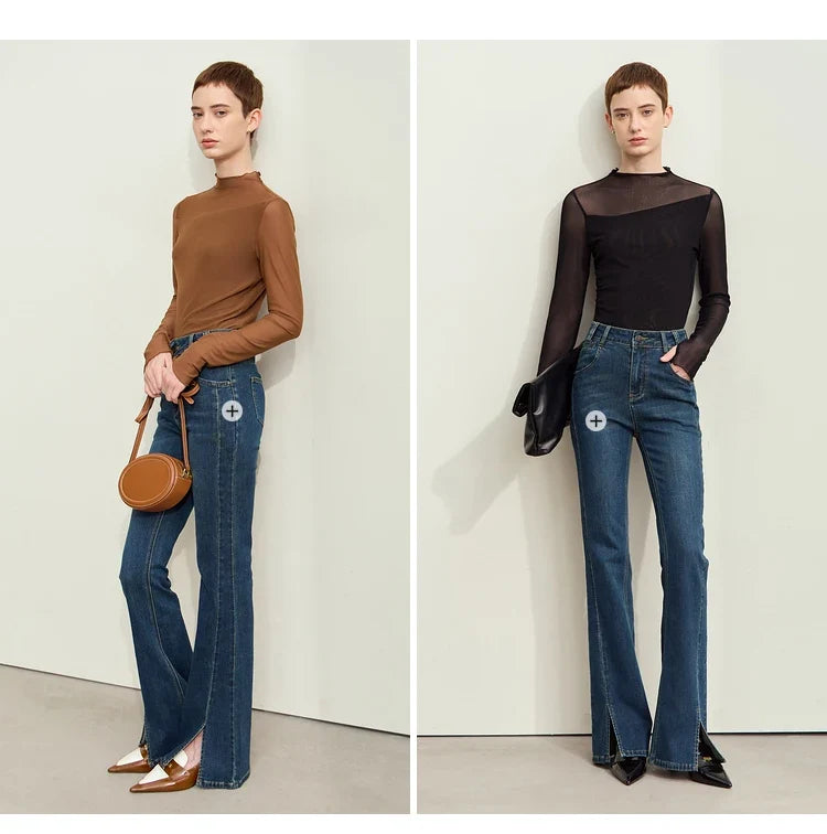 Minimalism Mesh T-shirts For Women 2025 Autumn New Office Lady Half-high Neck Micro Perspective Slim Retro Shirt 12423055
